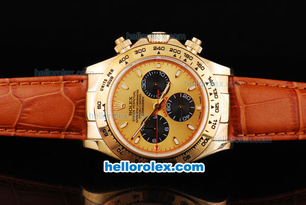 Rolex Daytona Oyster Perpetual Automatic Gold Case with Gold Bezel,Yellow Dial and White Marking-Leather Strap - Click Image to Close